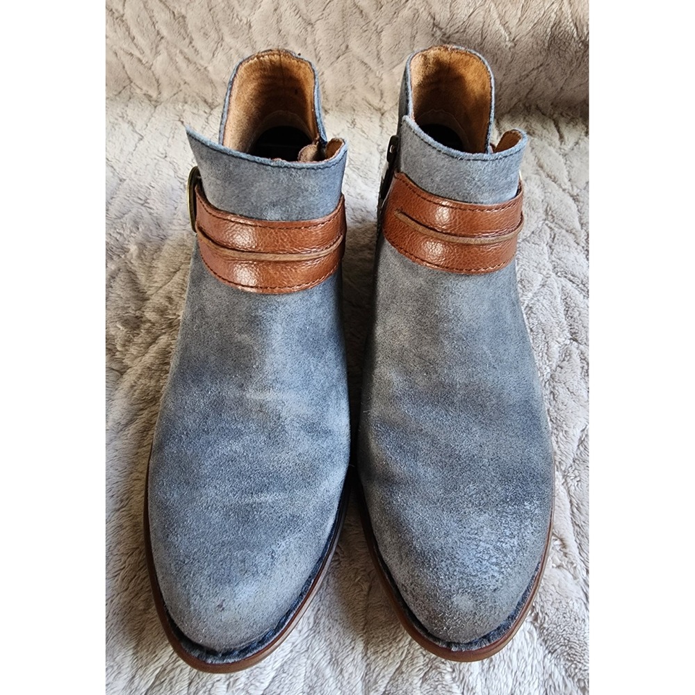 Born Kerri Blue Suede Brown Leather Buckle Ankle Boots Womens 7.5M - Picture 3 of 11